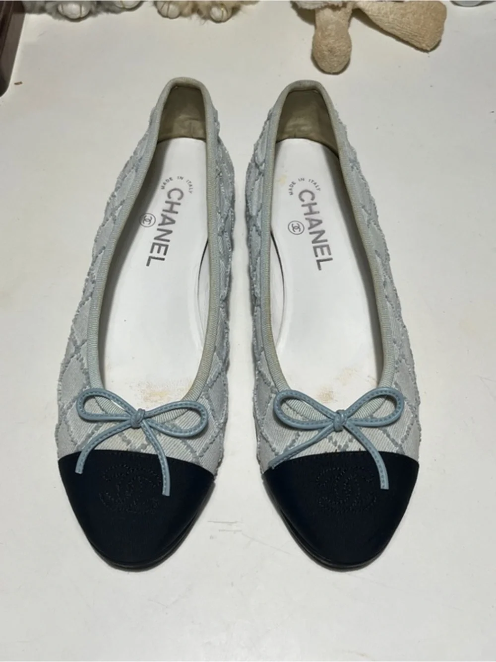 Chanel Women's Two-Tone Light Blue and Black Quilted Ballerina Flats denim